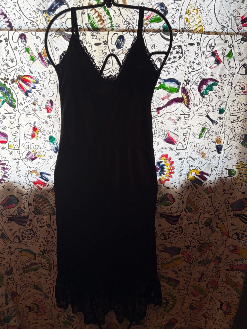 Nylon satin slip dress with lace trim